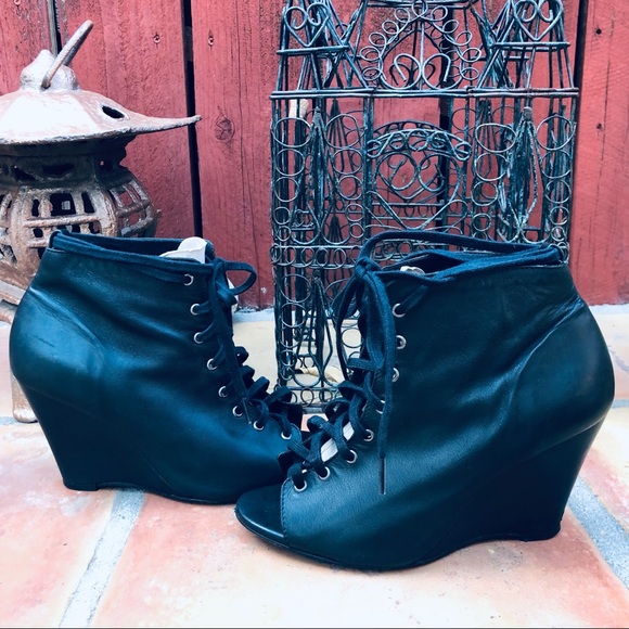 Joie Lace Up Open Toe Wedge Ankle Leather Booties Size 7 Black Heel 4” - Picture 5 of 13